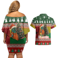 Guinea Bissau Christmas Couples Matching Off Shoulder Short Dress and Hawaiian Shirt with Santa Penguin Christmas Tree and Red Green Yellow Snowflake - Wonder Print Shop
