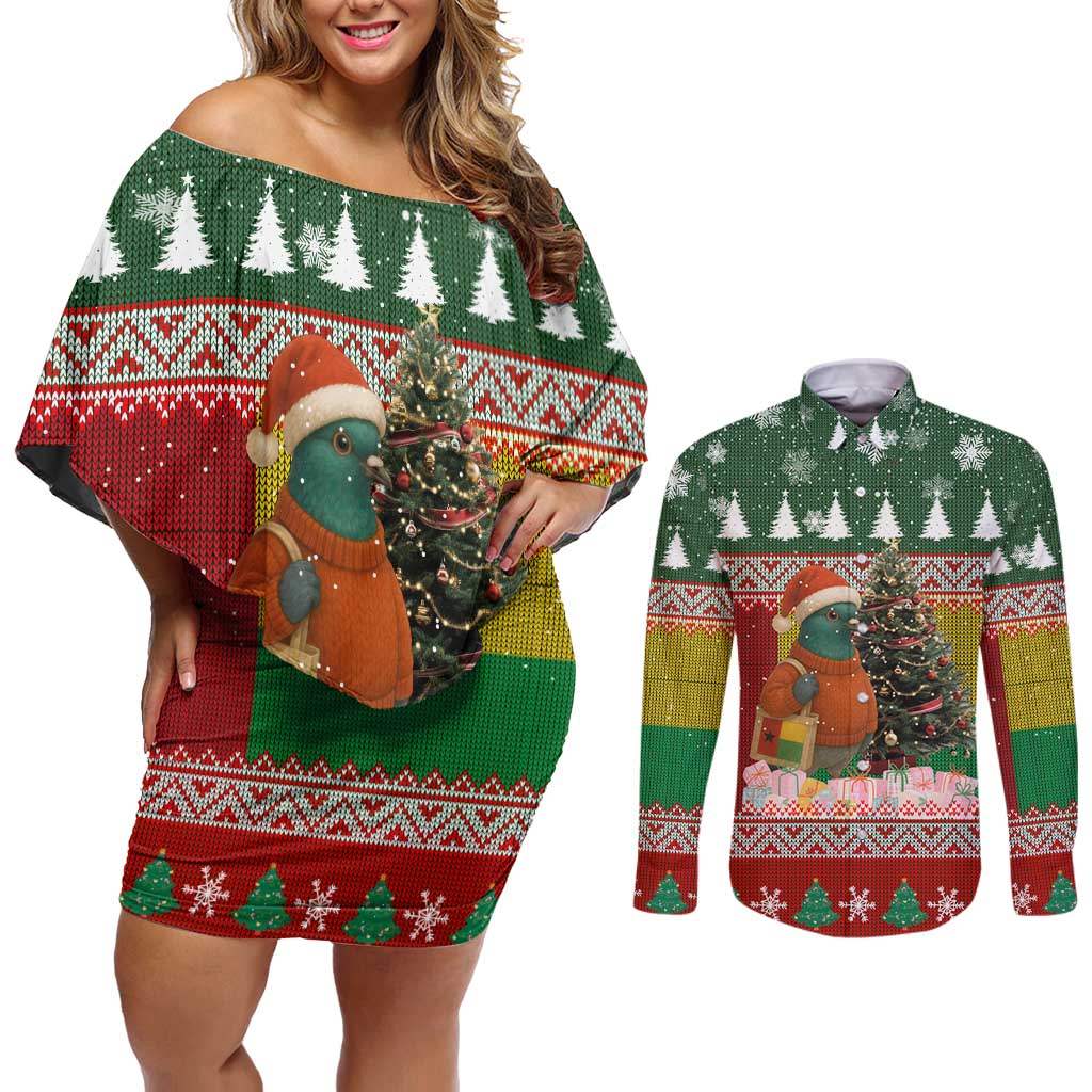 Guinea Bissau Christmas Couples Matching Off Shoulder Short Dress and Long Sleeve Button Shirt with Santa Penguin Christmas Tree and Red Green Yellow Snowflake - Wonder Print Shop