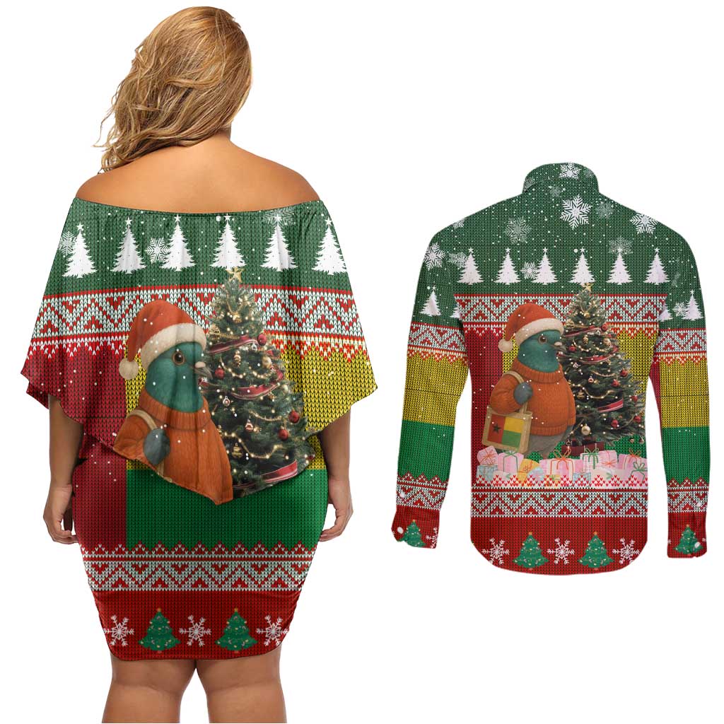 Guinea Bissau Christmas Couples Matching Off Shoulder Short Dress and Long Sleeve Button Shirt with Santa Penguin Christmas Tree and Red Green Yellow Snowflake - Wonder Print Shop