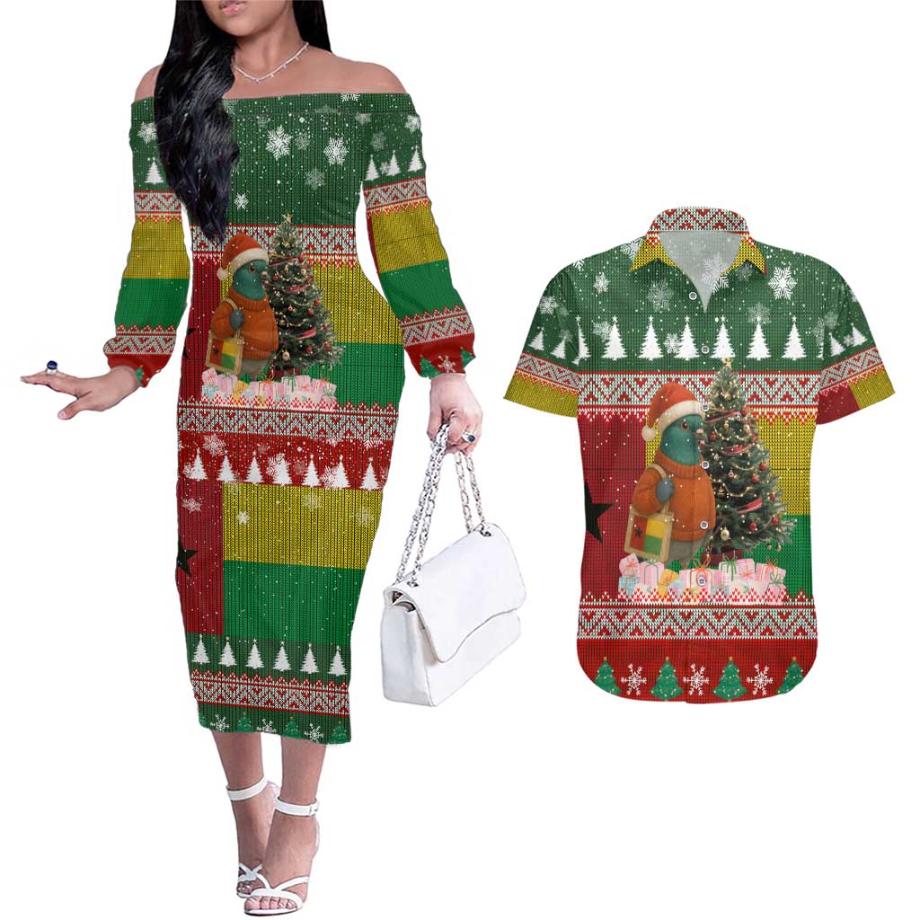 Guinea Bissau Christmas Couples Matching Off The Shoulder Long Sleeve Dress and Hawaiian Shirt with Santa Penguin Christmas Tree and Red Green Yellow Snowflake - Wonder Print Shop