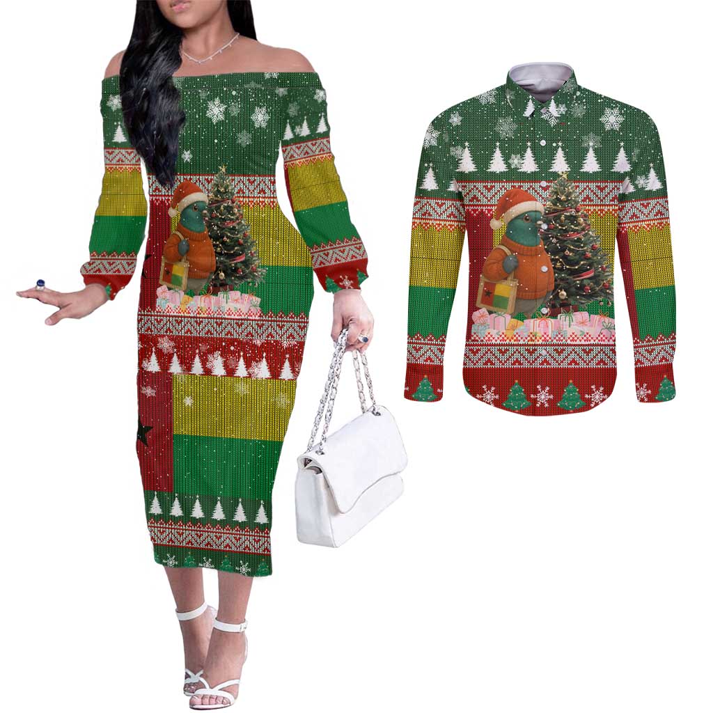 Guinea Bissau Christmas Couples Matching Off The Shoulder Long Sleeve Dress and Long Sleeve Button Shirt with Santa Penguin Christmas Tree and Red Green Yellow Snowflake - Wonder Print Shop