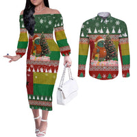 Guinea Bissau Christmas Couples Matching Off The Shoulder Long Sleeve Dress and Long Sleeve Button Shirt with Santa Penguin Christmas Tree and Red Green Yellow Snowflake - Wonder Print Shop