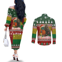 Guinea Bissau Christmas Couples Matching Off The Shoulder Long Sleeve Dress and Long Sleeve Button Shirt with Santa Penguin Christmas Tree and Red Green Yellow Snowflake - Wonder Print Shop
