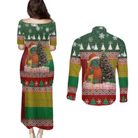Guinea Bissau Christmas Couples Matching Puletasi and Long Sleeve Button Shirt with Santa Penguin Christmas Tree and Red Green Yellow Snowflake - Wonder Print Shop