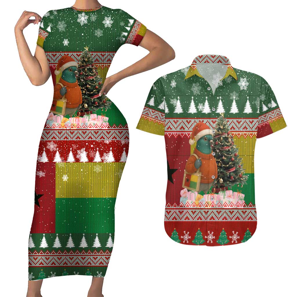 Guinea Bissau Christmas Couples Matching Short Sleeve Bodycon Dress and Hawaiian Shirt with Santa Penguin Christmas Tree and Red Green Yellow Snowflake - Wonder Print Shop