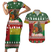 Guinea Bissau Christmas Couples Matching Short Sleeve Bodycon Dress and Hawaiian Shirt with Santa Penguin Christmas Tree and Red Green Yellow Snowflake - Wonder Print Shop
