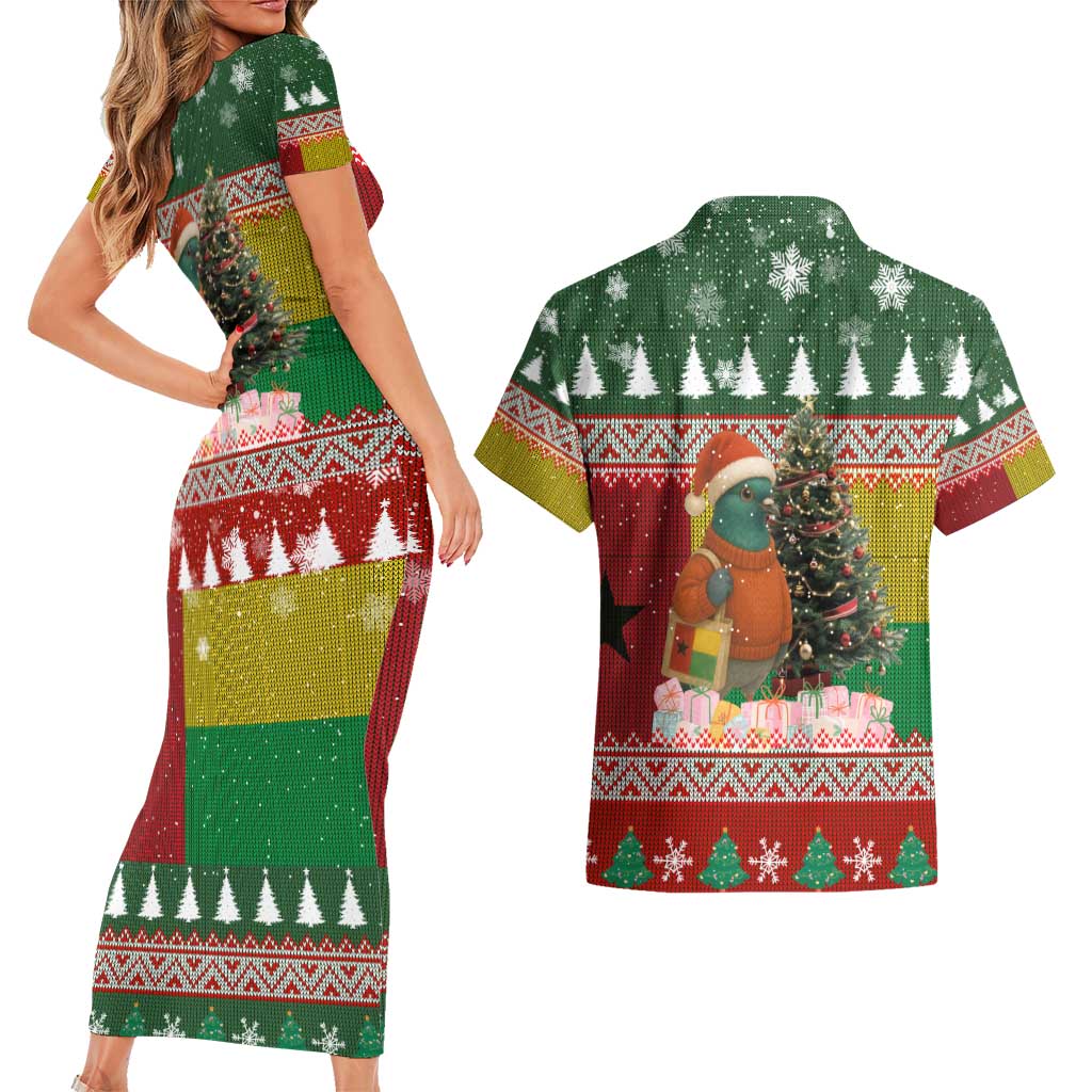 Guinea Bissau Christmas Couples Matching Short Sleeve Bodycon Dress and Hawaiian Shirt with Santa Penguin Christmas Tree and Red Green Yellow Snowflake - Wonder Print Shop
