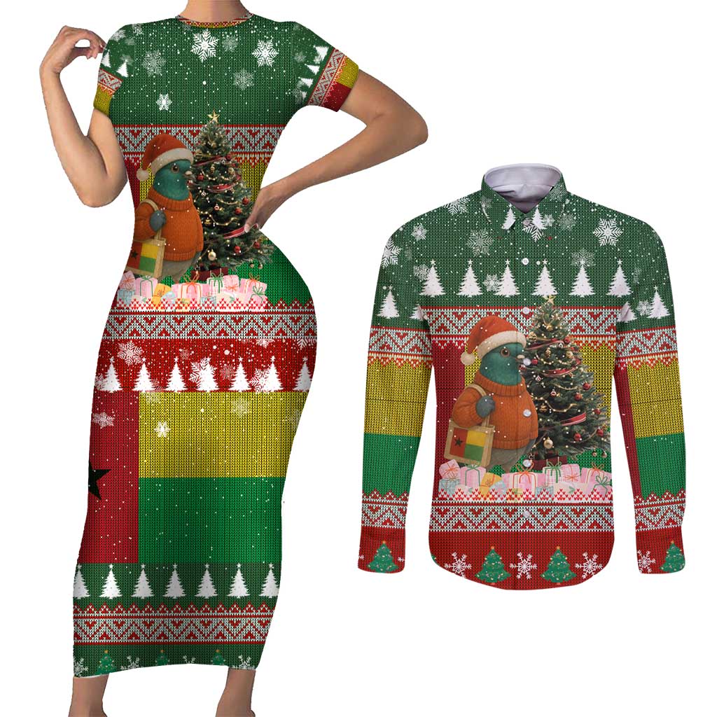 Guinea Bissau Christmas Couples Matching Short Sleeve Bodycon Dress and Long Sleeve Button Shirt with Santa Penguin Christmas Tree and Red Green Yellow Snowflake - Wonder Print Shop