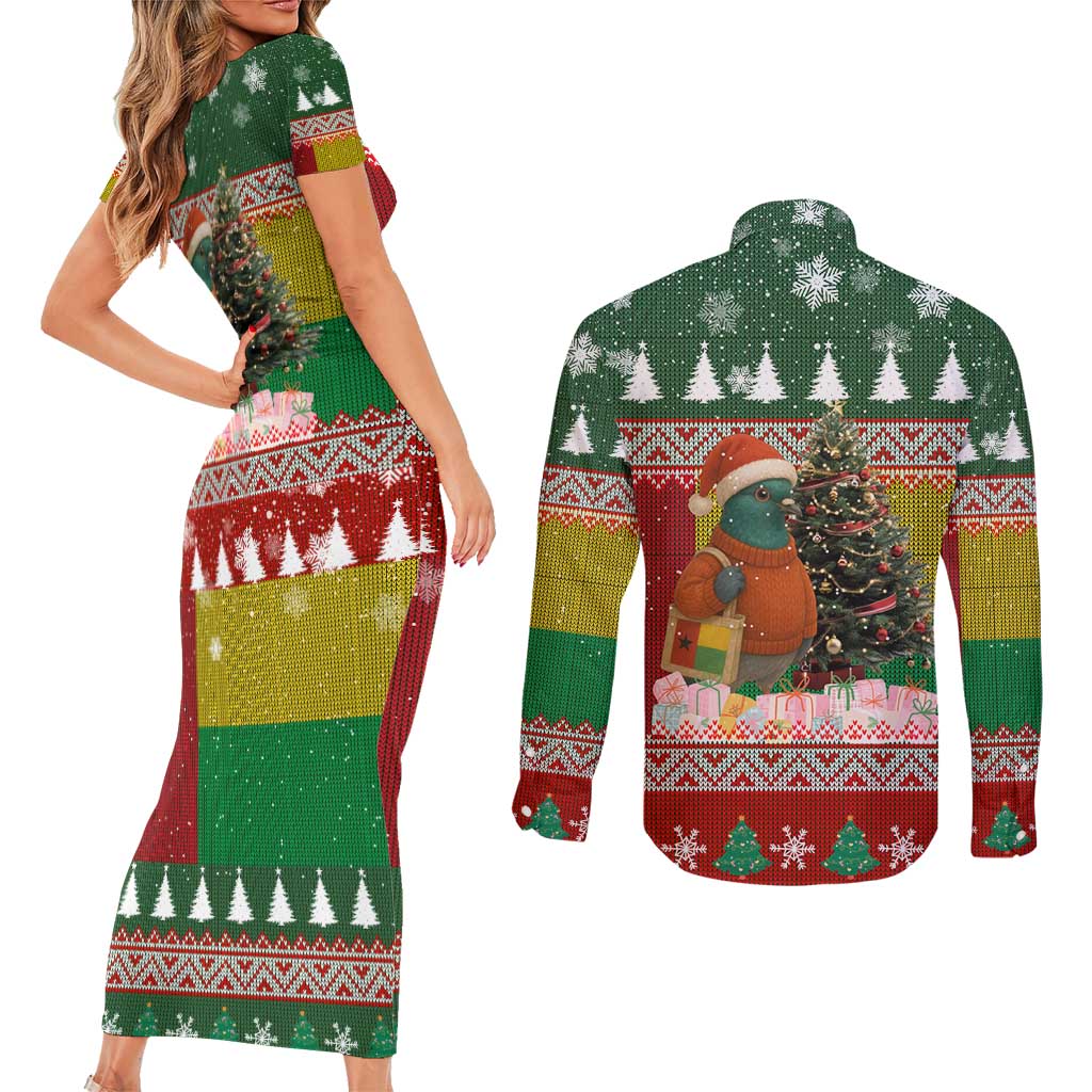 Guinea Bissau Christmas Couples Matching Short Sleeve Bodycon Dress and Long Sleeve Button Shirt with Santa Penguin Christmas Tree and Red Green Yellow Snowflake - Wonder Print Shop