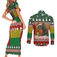 Guinea Bissau Christmas Couples Matching Short Sleeve Bodycon Dress and Long Sleeve Button Shirt with Santa Penguin Christmas Tree and Red Green Yellow Snowflake - Wonder Print Shop