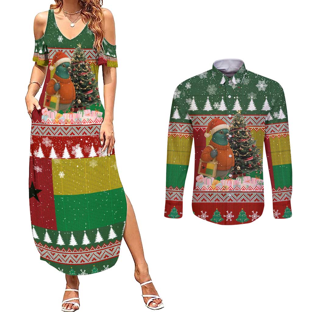 Guinea Bissau Christmas Couples Matching Summer Maxi Dress and Long Sleeve Button Shirt with Santa Penguin Christmas Tree and Red Green Yellow Snowflake - Wonder Print Shop