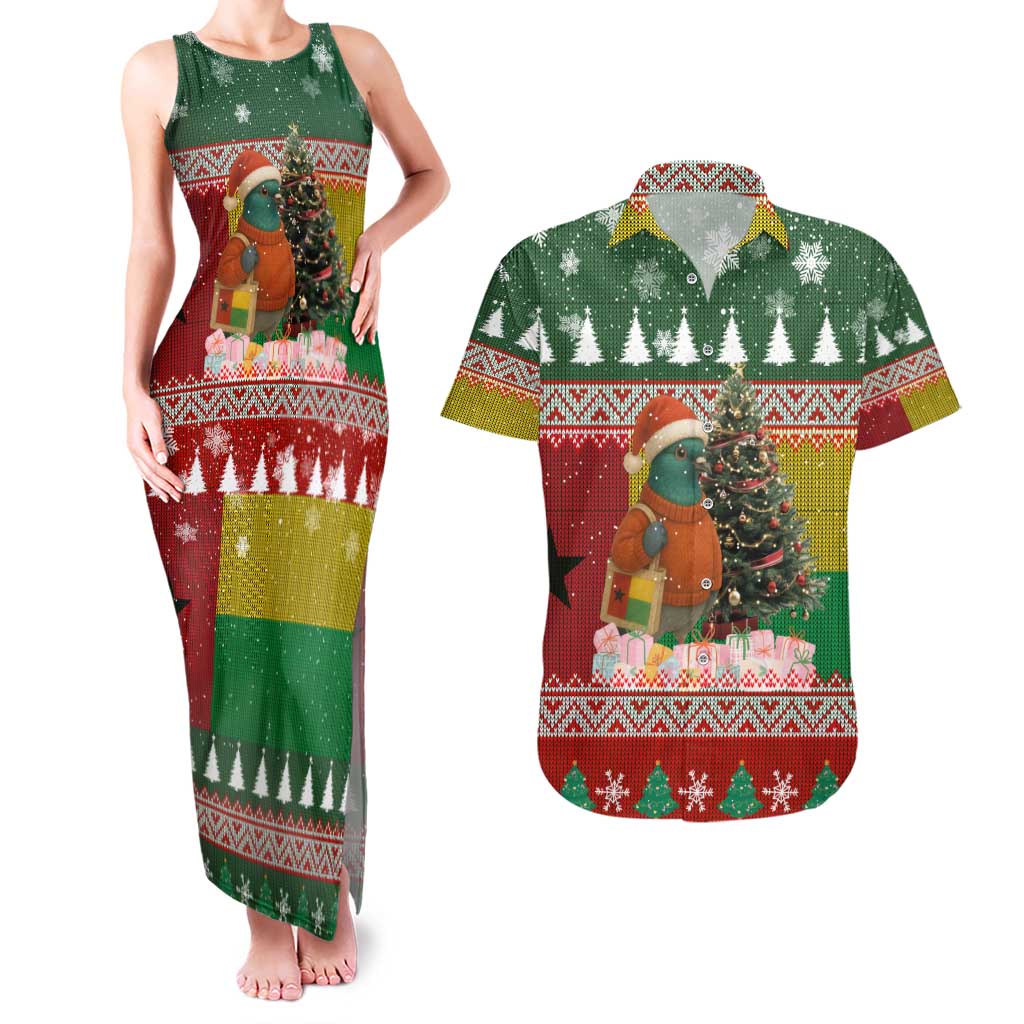 Guinea Bissau Christmas Couples Matching Tank Maxi Dress and Hawaiian Shirt with Santa Penguin Christmas Tree and Red Green Yellow Snowflake - Wonder Print Shop