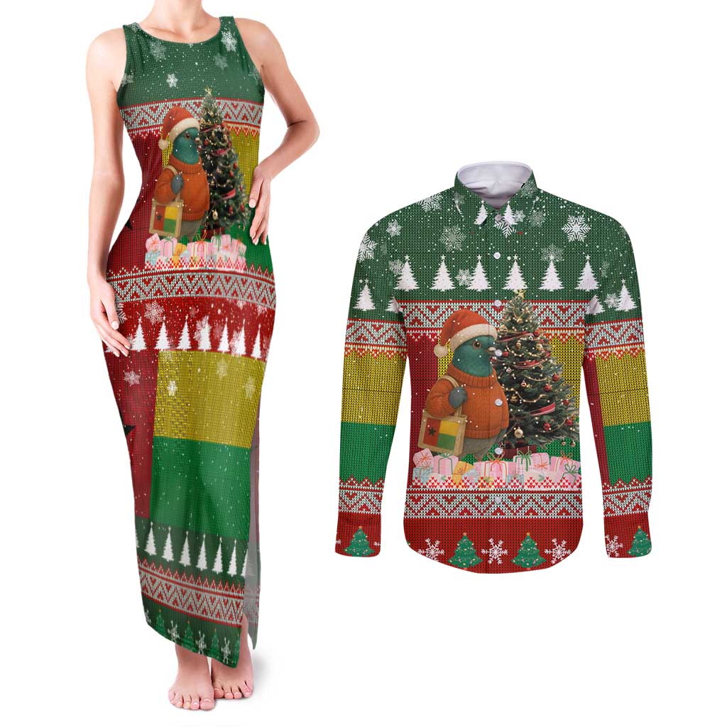 Guinea Bissau Christmas Couples Matching Tank Maxi Dress and Long Sleeve Button Shirt with Santa Penguin Christmas Tree and Red Green Yellow Snowflake - Wonder Print Shop