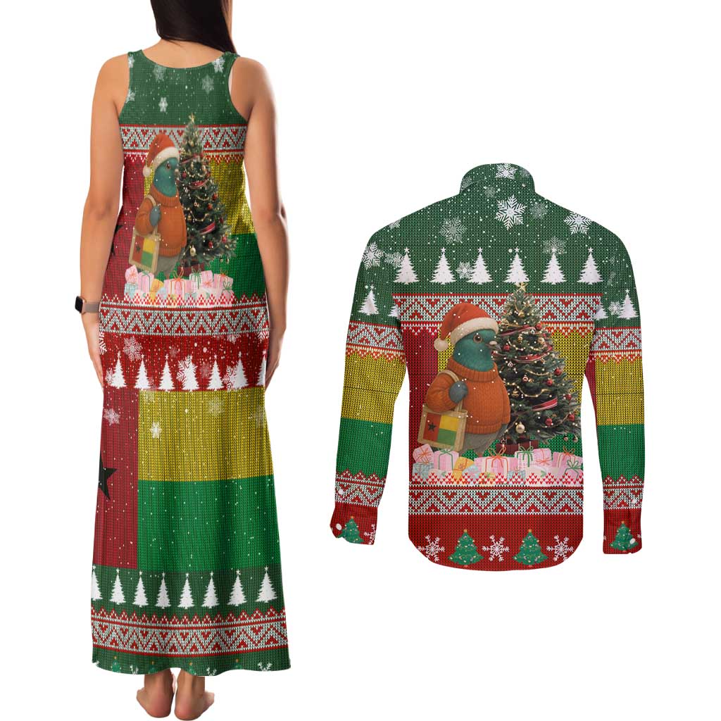 Guinea Bissau Christmas Couples Matching Tank Maxi Dress and Long Sleeve Button Shirt with Santa Penguin Christmas Tree and Red Green Yellow Snowflake - Wonder Print Shop