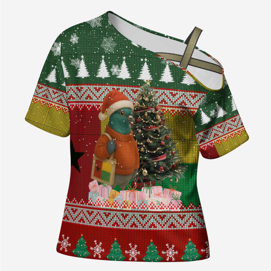 Guinea Bissau Christmas Cross Shoulder Shirt with Santa Penguin Christmas Tree and Red Green Yellow Snowflake - Wonder Print Shop