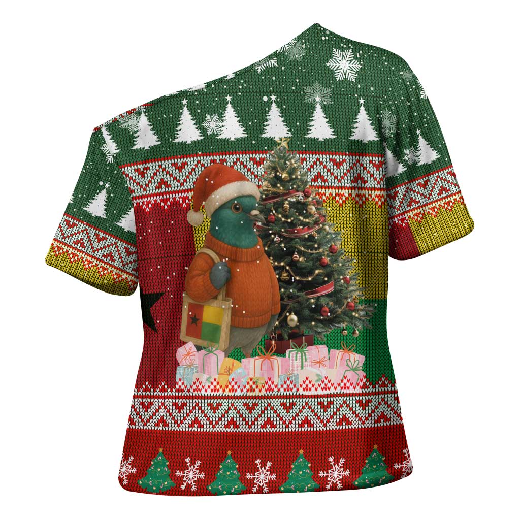 Guinea Bissau Christmas Cross Shoulder Shirt with Santa Penguin Christmas Tree and Red Green Yellow Snowflake - Wonder Print Shop