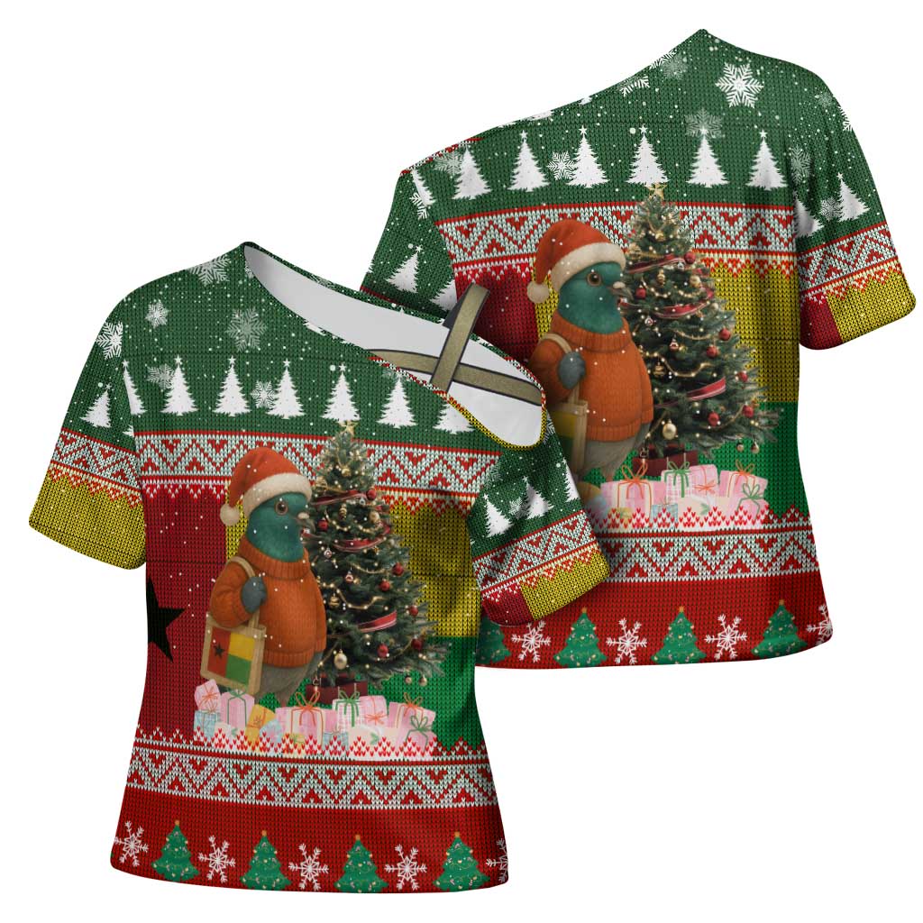 Guinea Bissau Christmas Cross Shoulder Shirt with Santa Penguin Christmas Tree and Red Green Yellow Snowflake - Wonder Print Shop