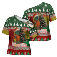 Guinea Bissau Christmas Cross Shoulder Shirt with Santa Penguin Christmas Tree and Red Green Yellow Snowflake - Wonder Print Shop