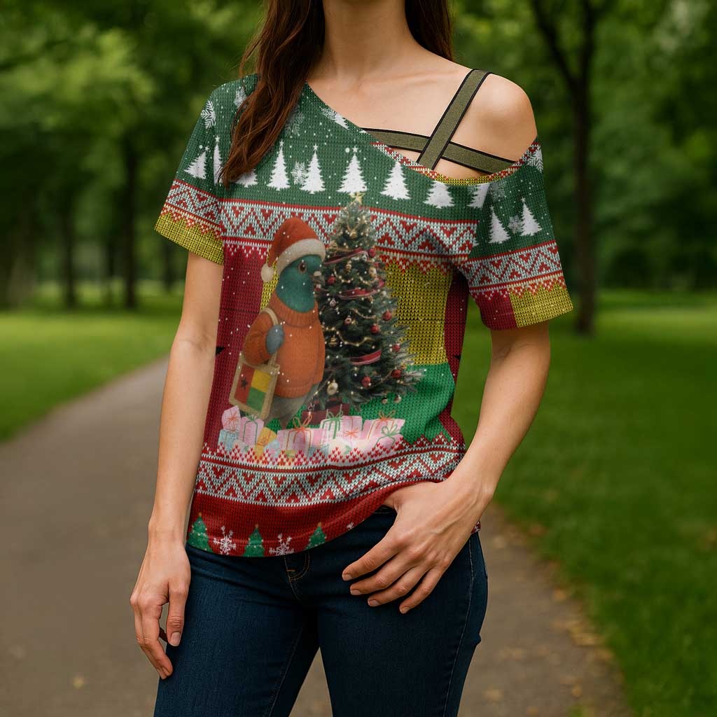 Guinea Bissau Christmas Cross Shoulder Shirt with Santa Penguin Christmas Tree and Red Green Yellow Snowflake - Wonder Print Shop