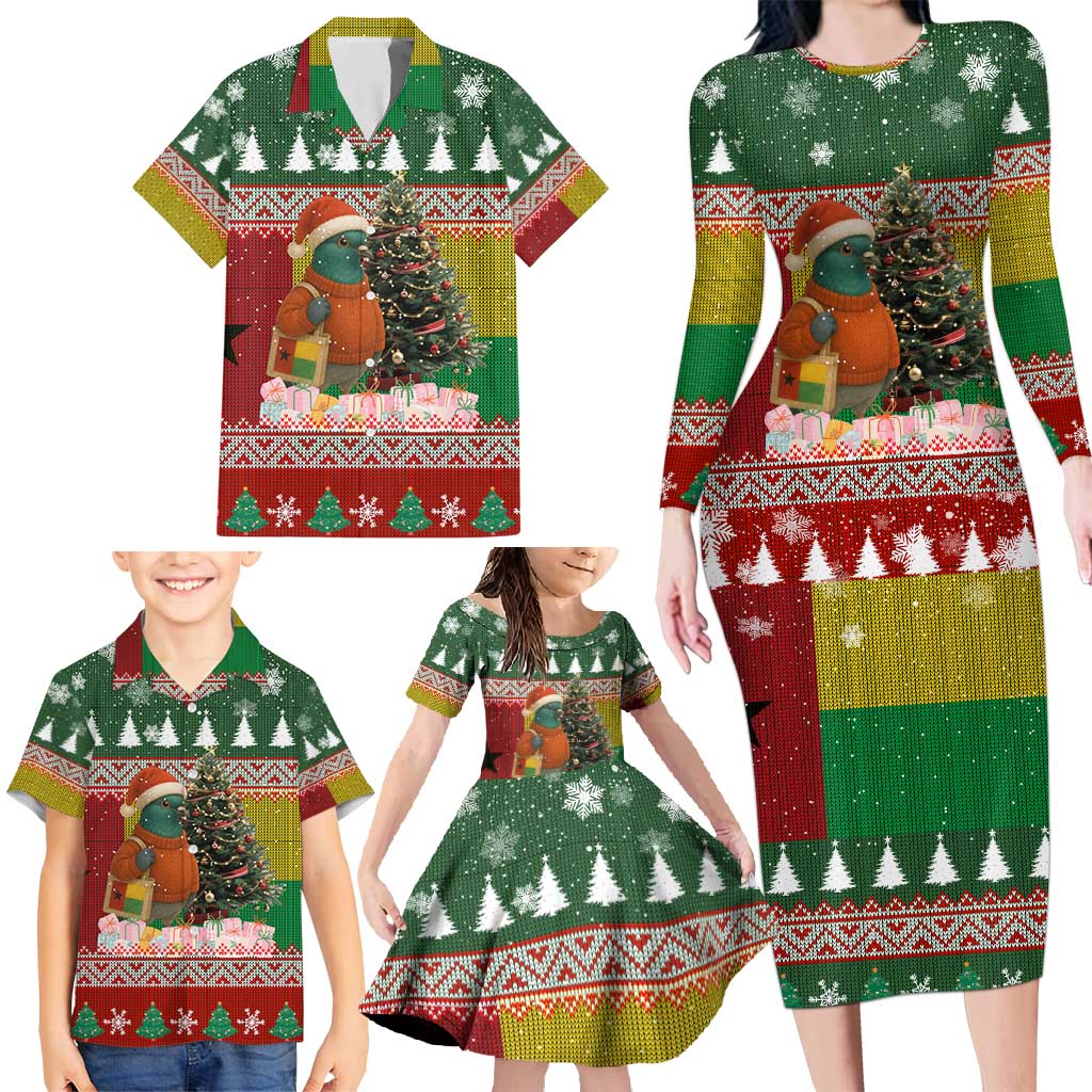 Guinea Bissau Christmas Family Matching Long Sleeve Bodycon Dress and Hawaiian Shirt with Santa Penguin Christmas Tree and Red Green Yellow Snowflake - Wonder Print Shop