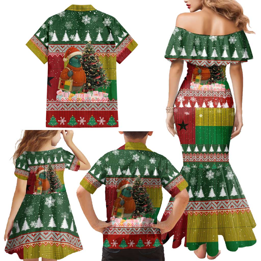 Guinea Bissau Christmas Family Matching Mermaid Dress and Hawaiian Shirt with Santa Penguin Christmas Tree and Red Green Yellow Snowflake - Wonder Print Shop