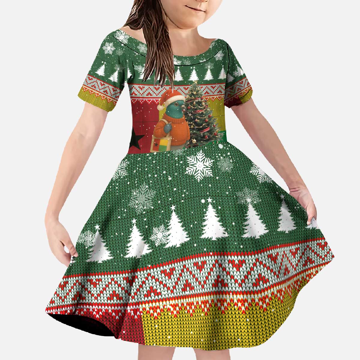 Guinea Bissau Christmas Family Matching Off The Shoulder Long Sleeve Dress and Hawaiian Shirt with Santa Penguin Christmas Tree and Red Green Yellow Snowflake - Wonder Print Shop