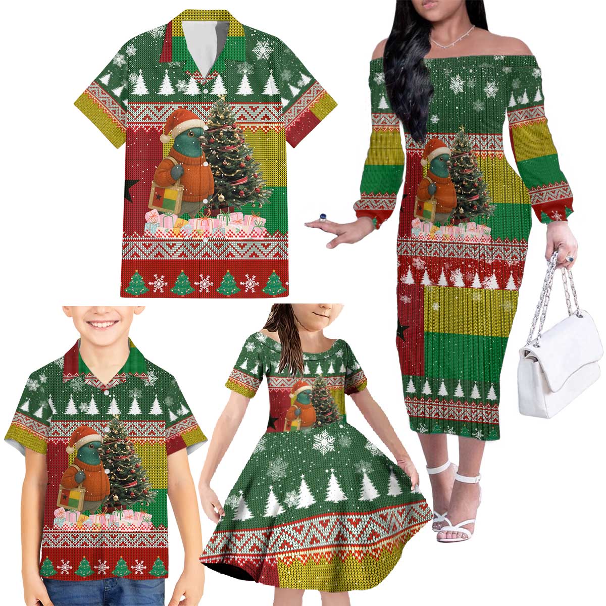 Guinea Bissau Christmas Family Matching Off The Shoulder Long Sleeve Dress and Hawaiian Shirt with Santa Penguin Christmas Tree and Red Green Yellow Snowflake - Wonder Print Shop