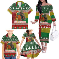 Guinea Bissau Christmas Family Matching Off The Shoulder Long Sleeve Dress and Hawaiian Shirt with Santa Penguin Christmas Tree and Red Green Yellow Snowflake - Wonder Print Shop