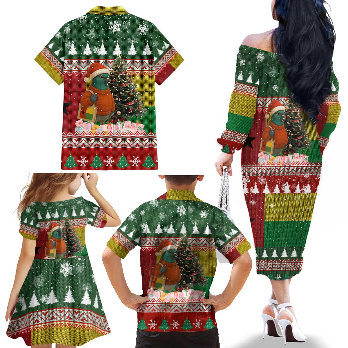 Guinea Bissau Christmas Family Matching Off The Shoulder Long Sleeve Dress and Hawaiian Shirt with Santa Penguin Christmas Tree and Red Green Yellow Snowflake - Wonder Print Shop