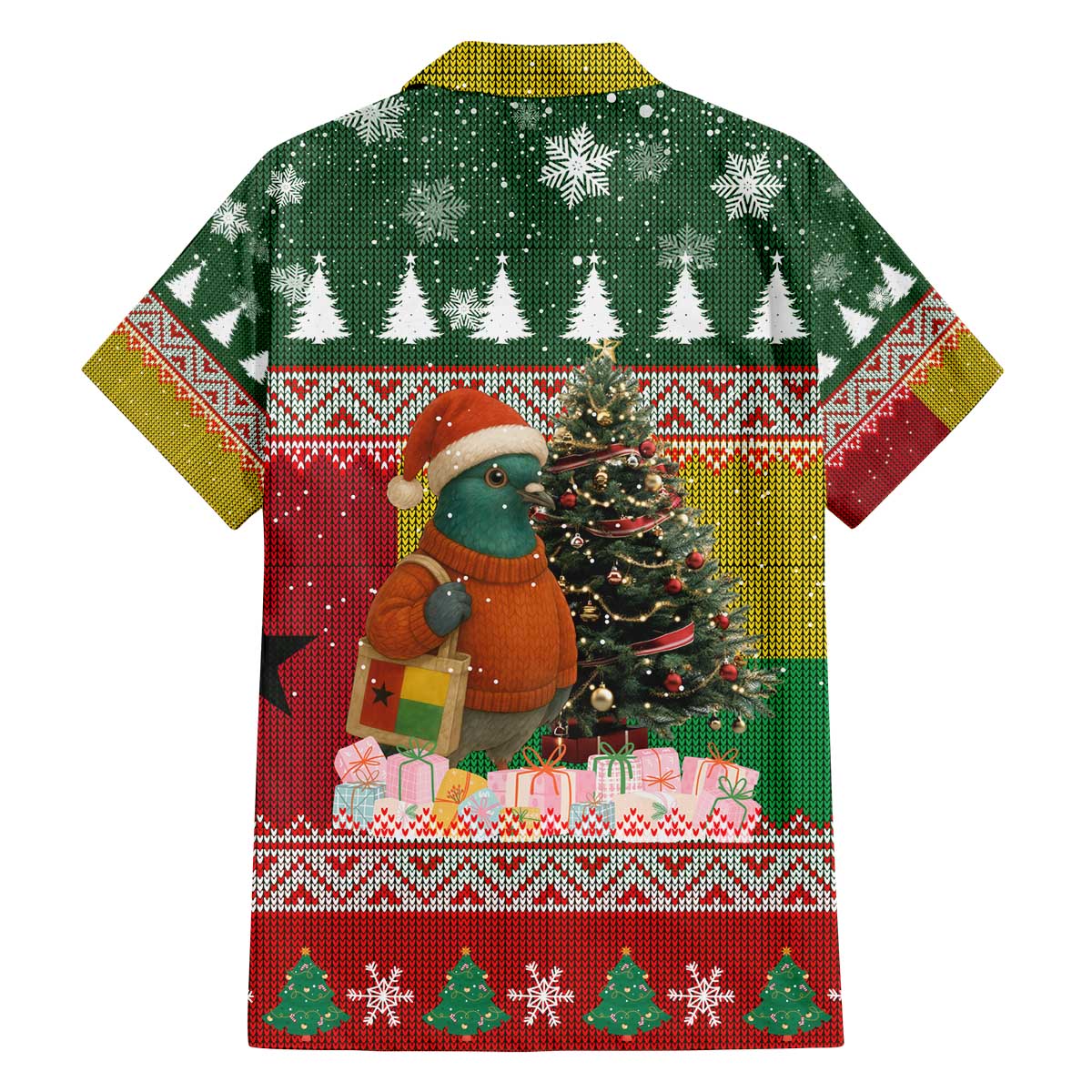 Guinea Bissau Christmas Family Matching Off The Shoulder Long Sleeve Dress and Hawaiian Shirt with Santa Penguin Christmas Tree and Red Green Yellow Snowflake - Wonder Print Shop