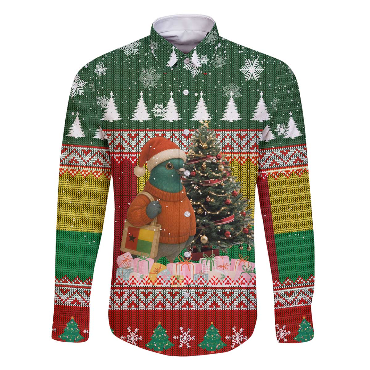 Guinea Bissau Christmas Family Matching Off The Shoulder Long Sleeve Dress and Hawaiian Shirt with Santa Penguin Christmas Tree and Red Green Yellow Snowflake - Wonder Print Shop