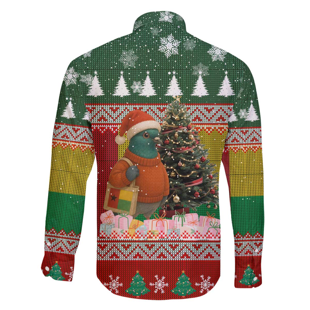 Guinea Bissau Christmas Family Matching Off The Shoulder Long Sleeve Dress and Hawaiian Shirt with Santa Penguin Christmas Tree and Red Green Yellow Snowflake - Wonder Print Shop