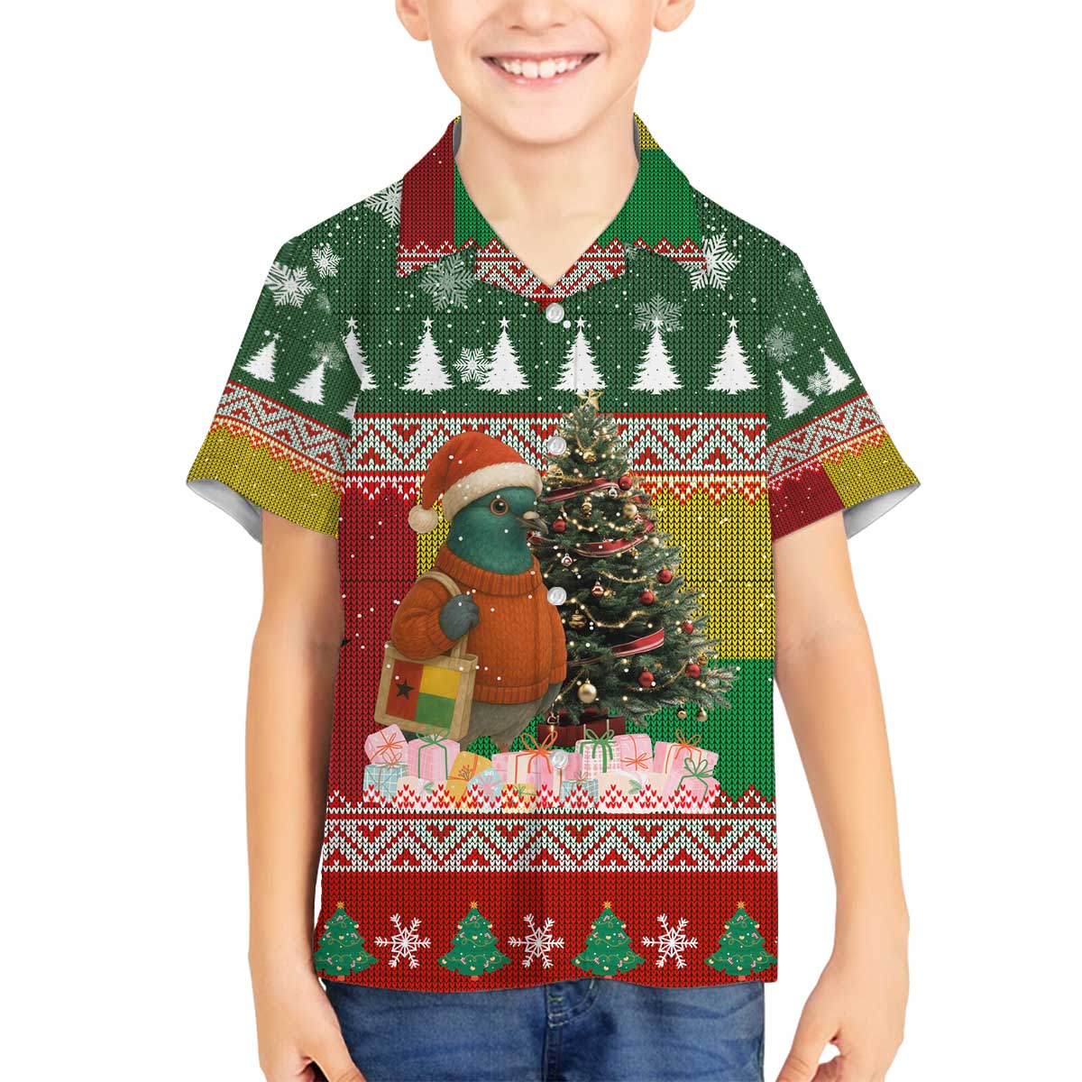 Guinea Bissau Christmas Family Matching Off The Shoulder Long Sleeve Dress and Hawaiian Shirt with Santa Penguin Christmas Tree and Red Green Yellow Snowflake - Wonder Print Shop