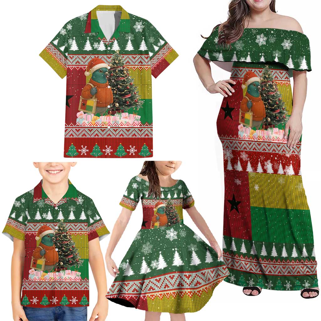 Guinea Bissau Christmas Family Matching Off Shoulder Maxi Dress and Hawaiian Shirt with Santa Penguin Christmas Tree and Red Green Yellow Snowflake - Wonder Print Shop