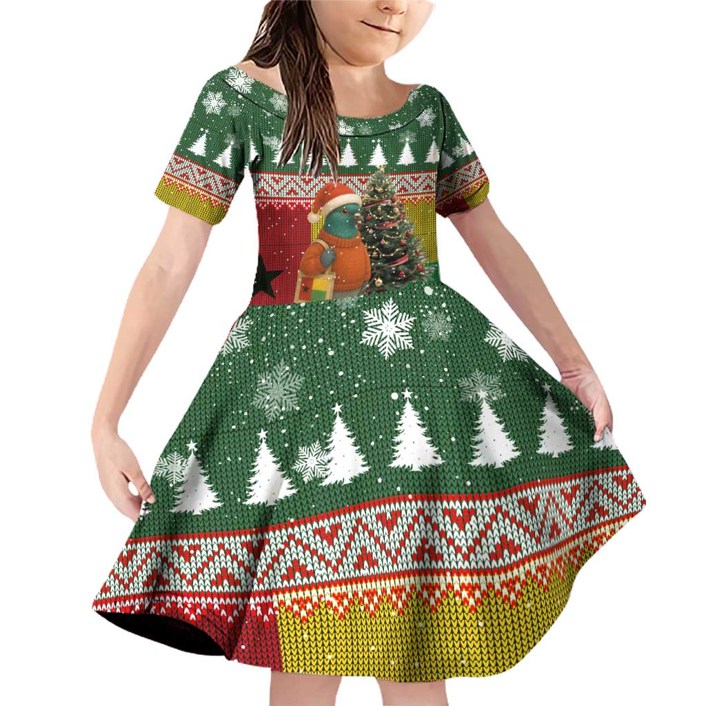 Guinea Bissau Christmas Family Matching Off Shoulder Short Dress and Hawaiian Shirt with Santa Penguin Christmas Tree and Red Green Yellow Snowflake - Wonder Print Shop