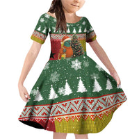 Guinea Bissau Christmas Family Matching Off Shoulder Short Dress and Hawaiian Shirt with Santa Penguin Christmas Tree and Red Green Yellow Snowflake - Wonder Print Shop