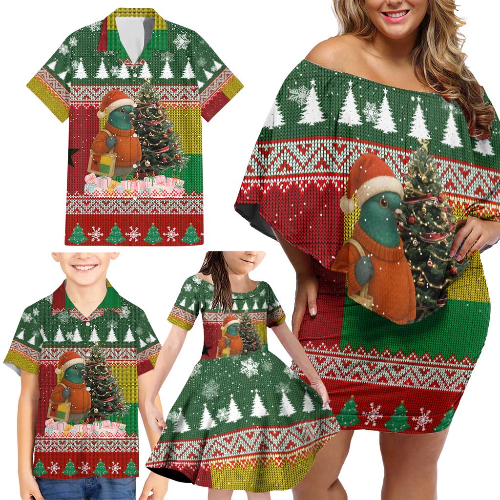 Guinea Bissau Christmas Family Matching Off Shoulder Short Dress and Hawaiian Shirt with Santa Penguin Christmas Tree and Red Green Yellow Snowflake - Wonder Print Shop