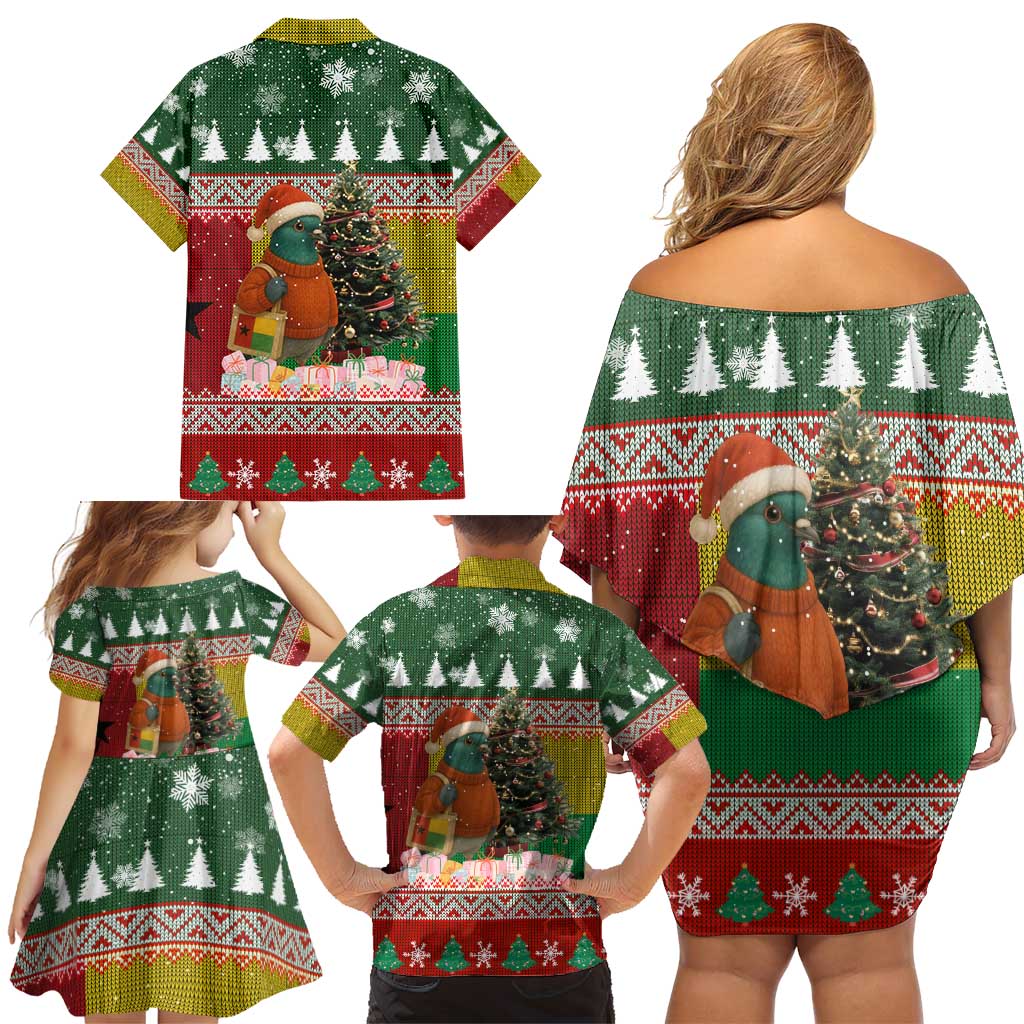 Guinea Bissau Christmas Family Matching Off Shoulder Short Dress and Hawaiian Shirt with Santa Penguin Christmas Tree and Red Green Yellow Snowflake - Wonder Print Shop