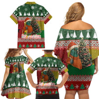 Guinea Bissau Christmas Family Matching Off Shoulder Short Dress and Hawaiian Shirt with Santa Penguin Christmas Tree and Red Green Yellow Snowflake - Wonder Print Shop