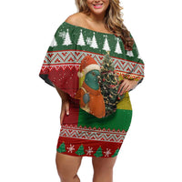 Guinea Bissau Christmas Family Matching Off Shoulder Short Dress and Hawaiian Shirt with Santa Penguin Christmas Tree and Red Green Yellow Snowflake - Wonder Print Shop