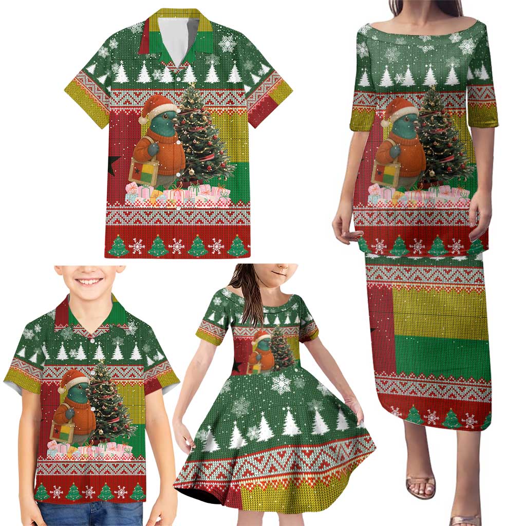 Guinea Bissau Christmas Family Matching Puletasi and Hawaiian Shirt with Santa Penguin Christmas Tree and Red Green Yellow Snowflake - Wonder Print Shop
