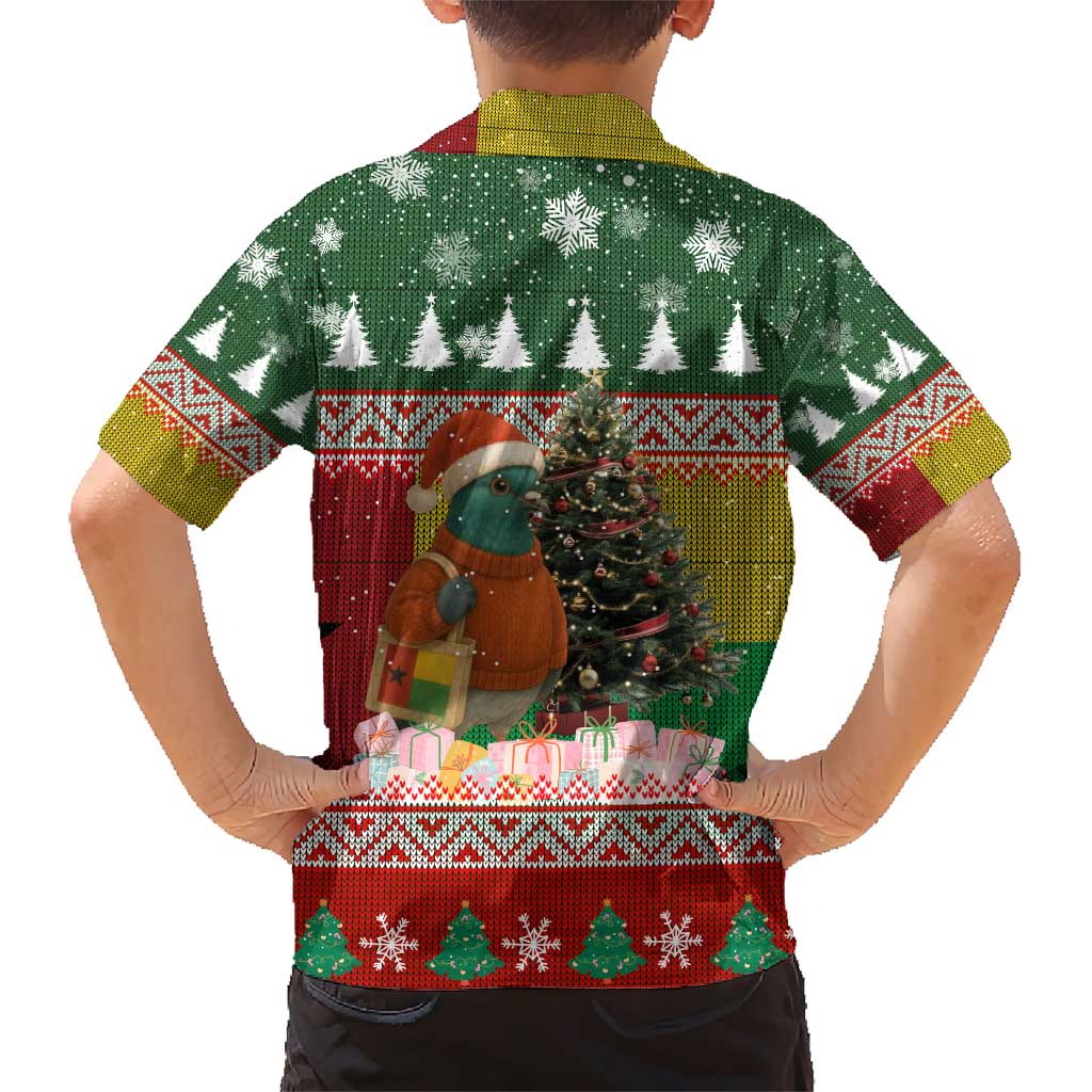 Guinea Bissau Christmas Family Matching Short Sleeve Bodycon Dress and Hawaiian Shirt with Santa Penguin Christmas Tree and Red Green Yellow Snowflake - Wonder Print Shop