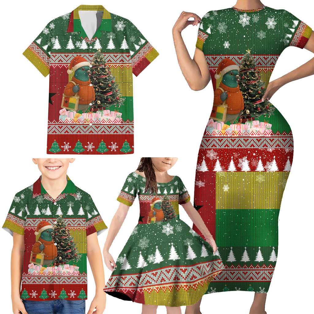 Guinea Bissau Christmas Family Matching Short Sleeve Bodycon Dress and Hawaiian Shirt with Santa Penguin Christmas Tree and Red Green Yellow Snowflake - Wonder Print Shop