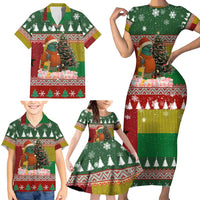 Guinea Bissau Christmas Family Matching Short Sleeve Bodycon Dress and Hawaiian Shirt with Santa Penguin Christmas Tree and Red Green Yellow Snowflake - Wonder Print Shop