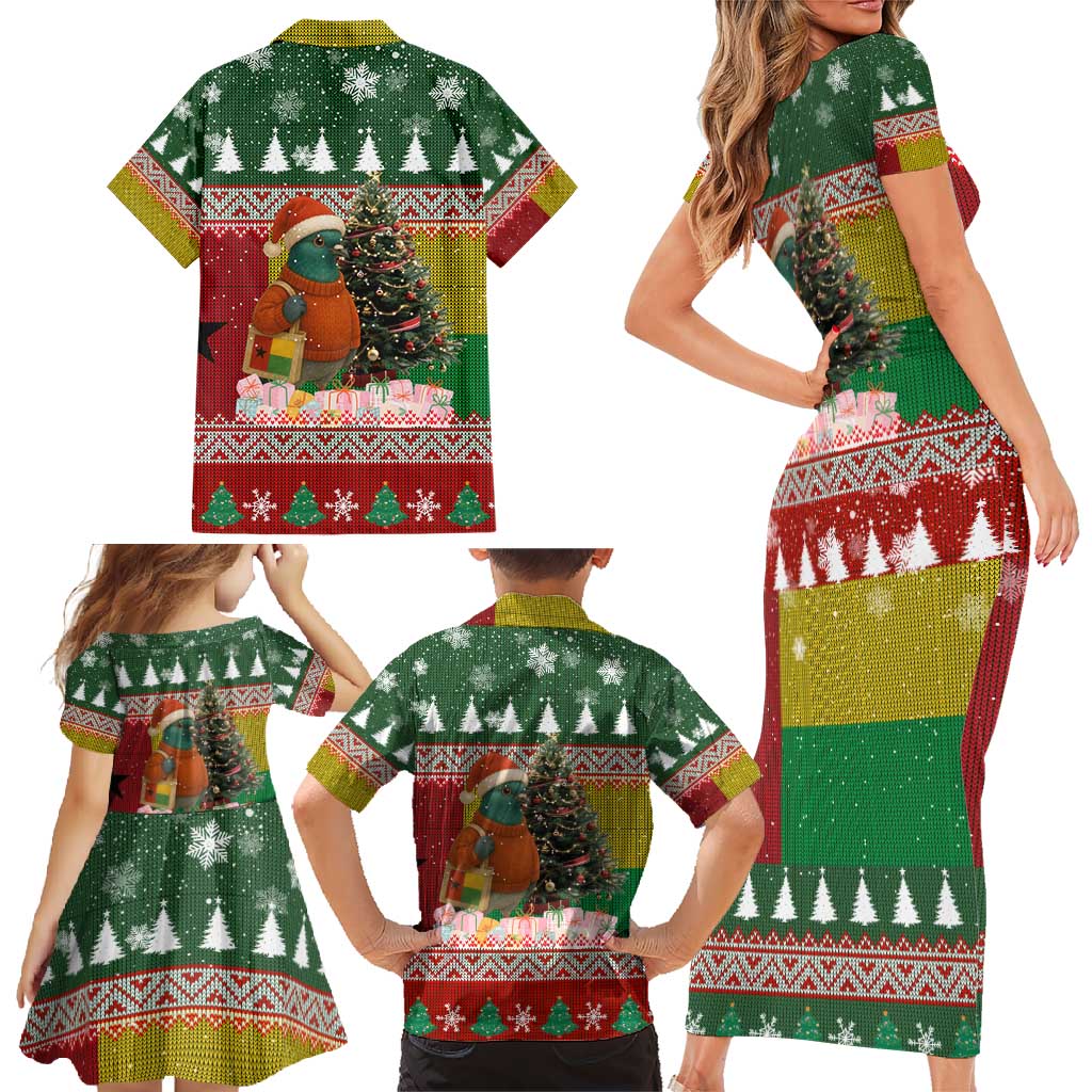 Guinea Bissau Christmas Family Matching Short Sleeve Bodycon Dress and Hawaiian Shirt with Santa Penguin Christmas Tree and Red Green Yellow Snowflake - Wonder Print Shop