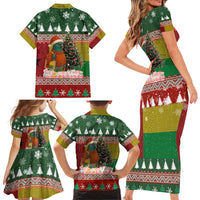 Guinea Bissau Christmas Family Matching Short Sleeve Bodycon Dress and Hawaiian Shirt with Santa Penguin Christmas Tree and Red Green Yellow Snowflake - Wonder Print Shop