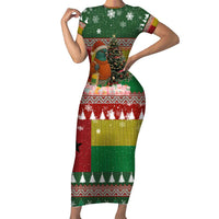 Guinea Bissau Christmas Family Matching Short Sleeve Bodycon Dress and Hawaiian Shirt with Santa Penguin Christmas Tree and Red Green Yellow Snowflake - Wonder Print Shop
