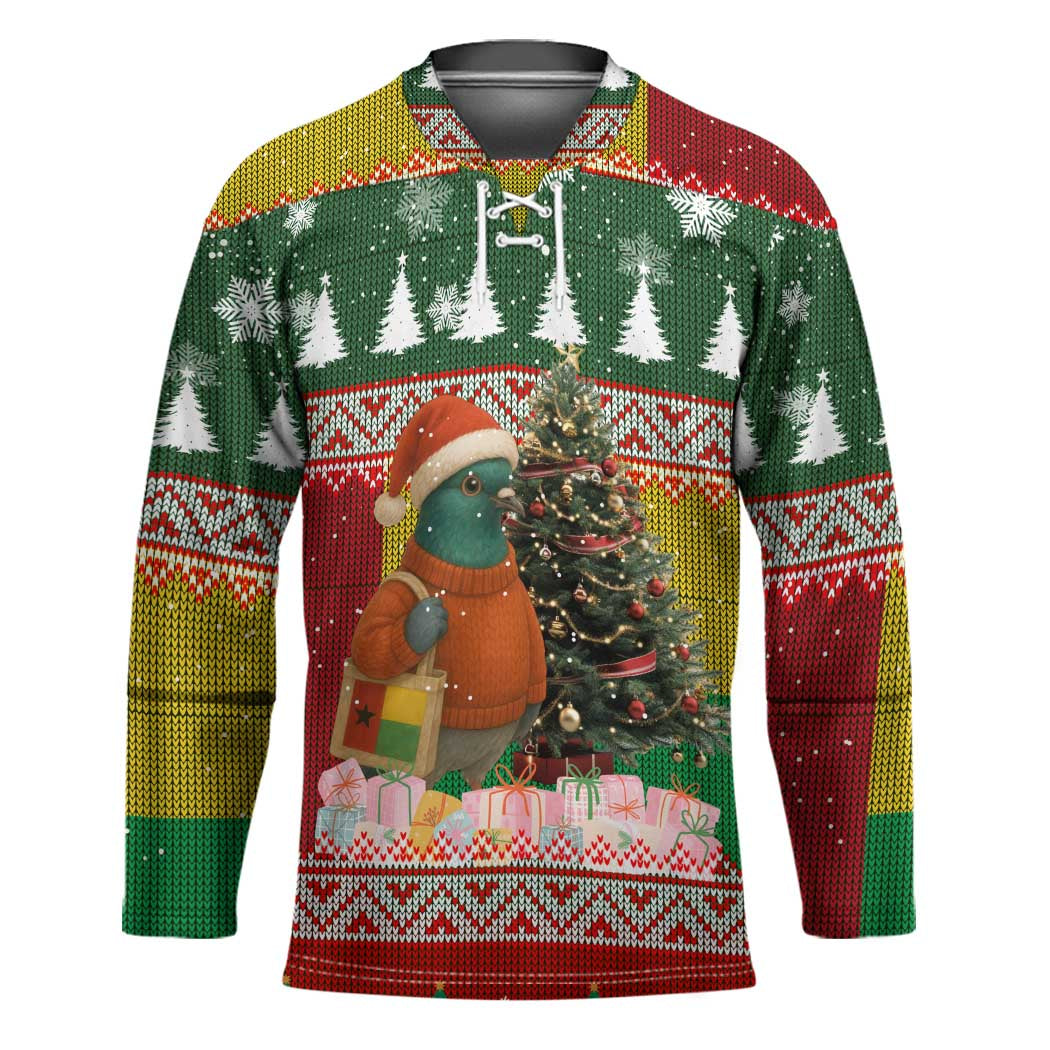 Guinea Bissau Christmas Hockey Jersey with Santa Penguin Christmas Tree and Red Green Yellow Snowflake - Wonder Print Shop