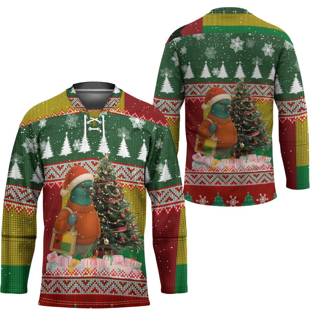 Guinea Bissau Christmas Hockey Jersey with Santa Penguin Christmas Tree and Red Green Yellow Snowflake - Wonder Print Shop