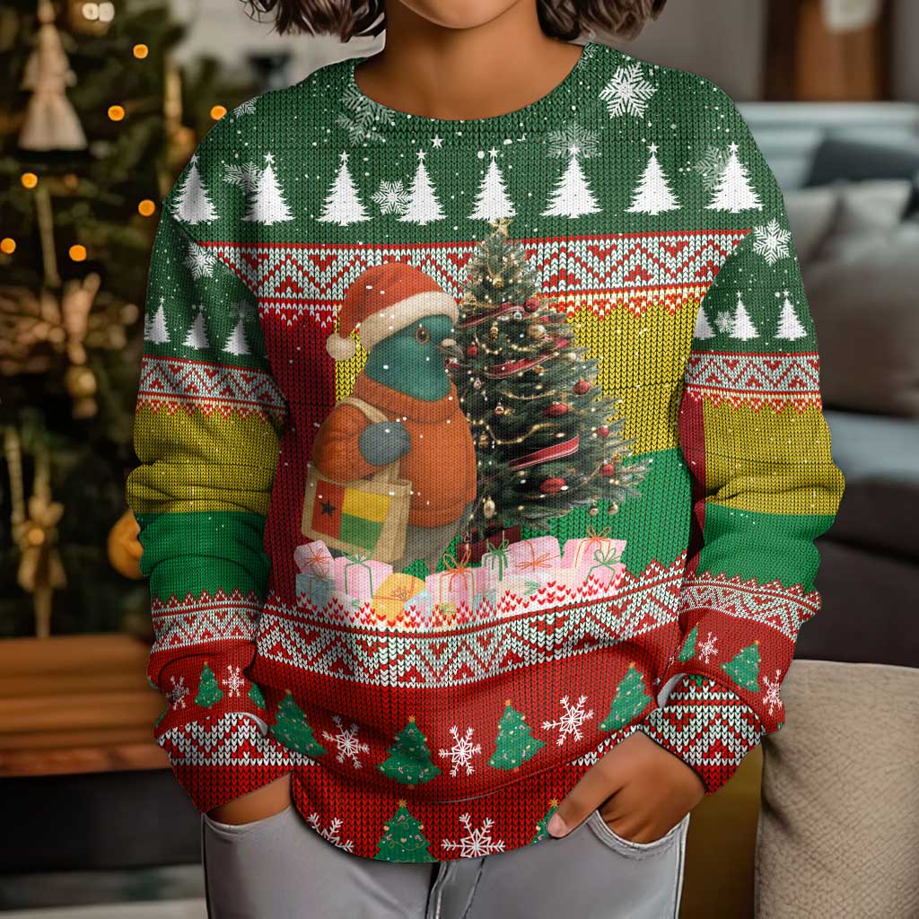 Guinea Bissau Christmas Kid Ugly Christmas Sweater with Santa Penguin Christmas Tree and Red Green Yellow Snowflake - Wonder Print Shop